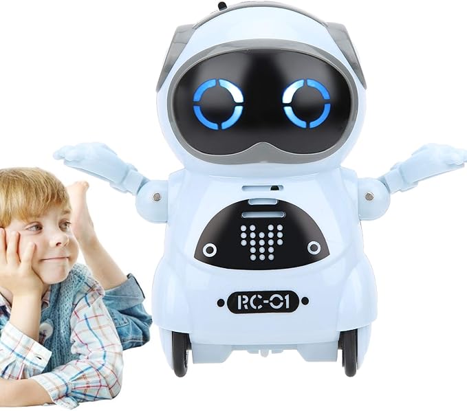 Mini Pocket Robot Toy, Interactive Voice Recognition, Repeat, Sing, Dance, LED, Story ABS Decoration, Robot Toy 3.3in with LED Lights for Entertainment, Communication (Blue)