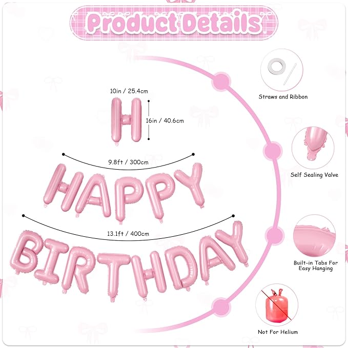29PC Bow Happy Birthday Balloon Banner, 16Inch 3D Aluminum Letter Banner Sign, White Pink Printed Balloon 18 Inch Pink Star Foil Balloons for Bow Birthday Party Decorations