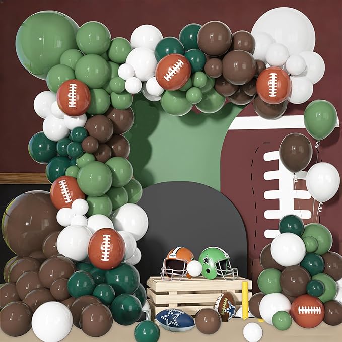 170Pcs Football Balloon Garland Arch Kit, Sage Green Brown Dark Green and White with Rugby Printed Balloons for Football First Year Baby Shower Birthday Sports Themed Party Decorations Supplies