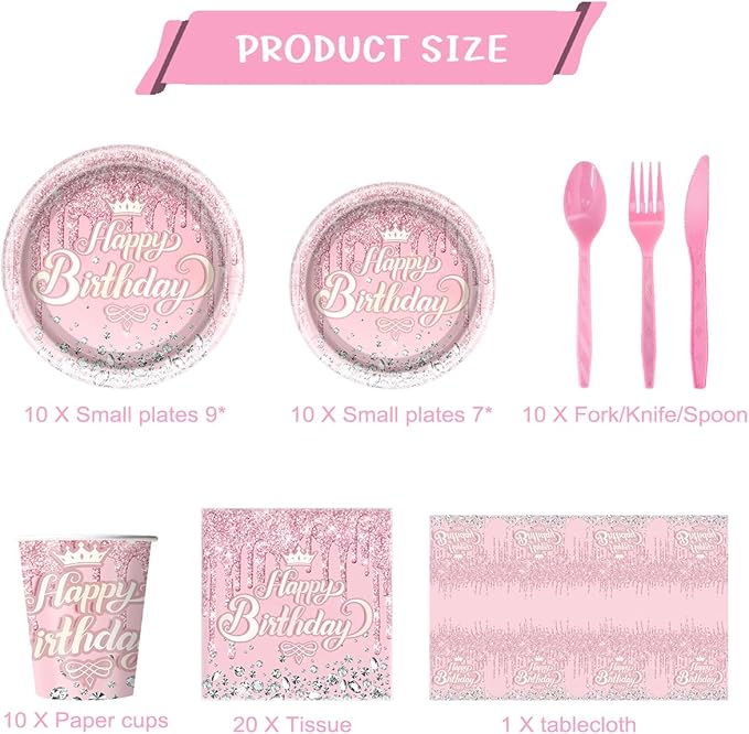81Pcs Pink Diamond Party Tableware Set Sparkling Diamonds Party Decoration for Girls and Women Birthday Party Supplies (Pink)
