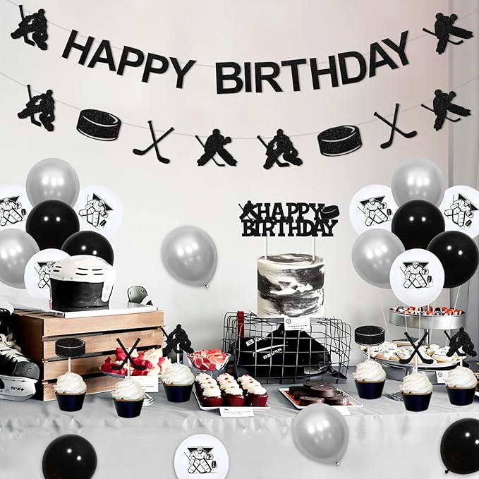 Ice Hockey Birthday Decorations for Boys Hockey Birthday Party Supplies with Ice Hockey Happy Birthday Banner Cupcake Cake Toppers Hockey Garland for Sports Birthday Party Supplies