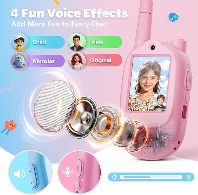 Video Walkie Talkies for Kids, 2 Pack Rechargeable with Screen & Voice Changer, Long Range Two Way Radios for Indoor Outdoor Play, Camping, Birthday Gifts for Boys Girls Ages 3-10