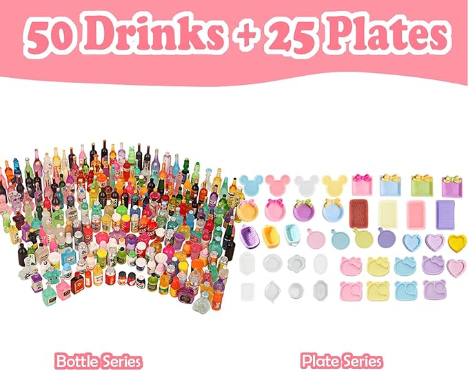 250Pcs Mini Food Miniatures Food Drinks Bottles Toys Doll House Accessories 1:12 Playset Kitchen Game Pretend Play Party Mini Things Stuff Tiny Baking Micro Hamburger Ice Cream Cake Bread