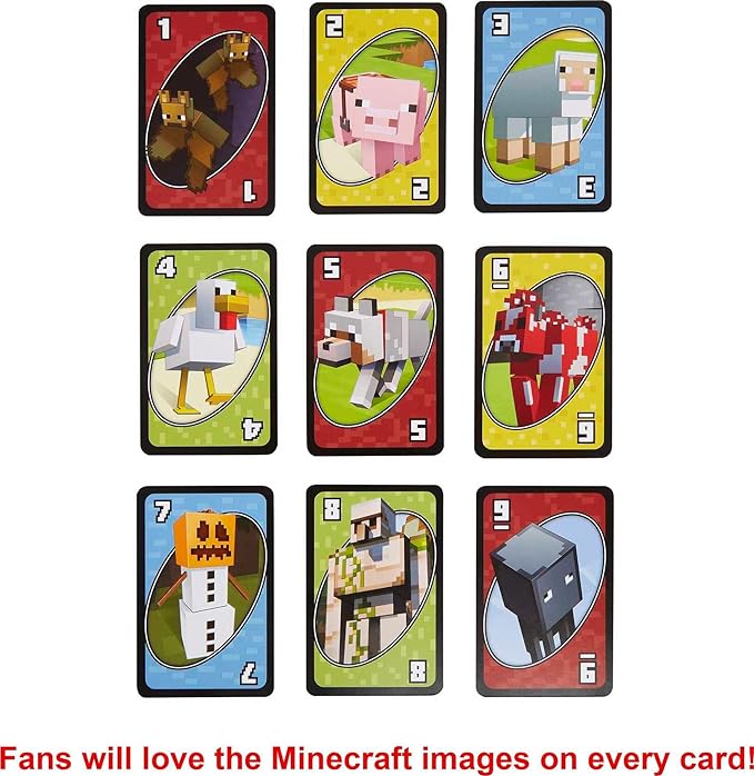 Mattel Games UNO Card Game, Gifts for Kids and Family Night, Themed to Minecraft Video Game, Travel Games, Storage Tin Box (Amazon Exclusive)