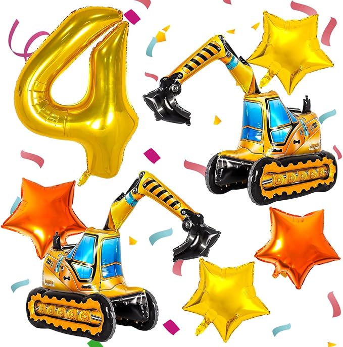 Construction Balloons, Self Standing 4D Excavator Balloon, Golden and Orange Star Balloon, Number 4 Foil Balloons for Kids 4th Birthday Party Decorations Supplies.(4th)