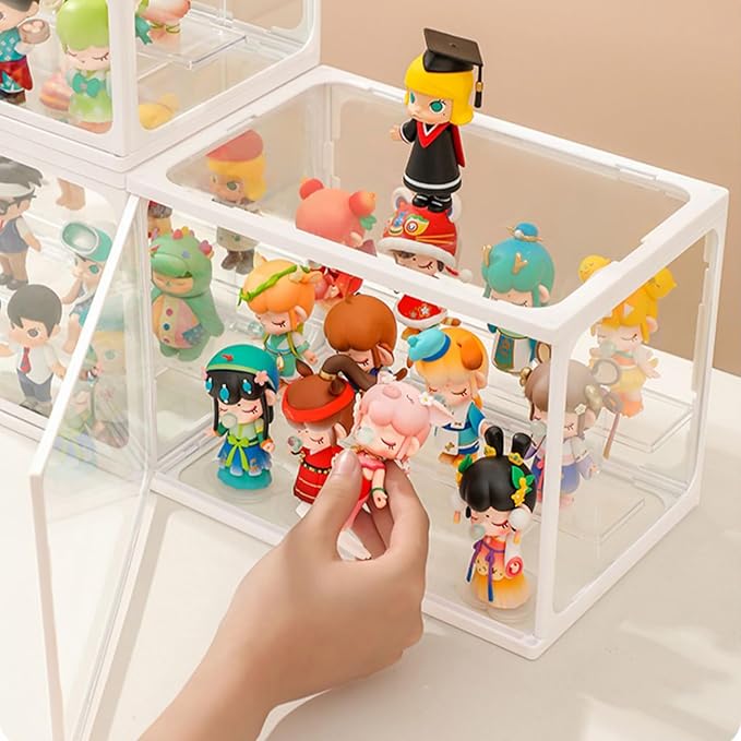 Glass Display Case for Figures with Light 2 Tier Clear Display Stand for Collectibles Stackable Assemble Display Box for Action Figures Toys Dustproof Clear Storage Box Showcase for Pop Mart(1 Pack)