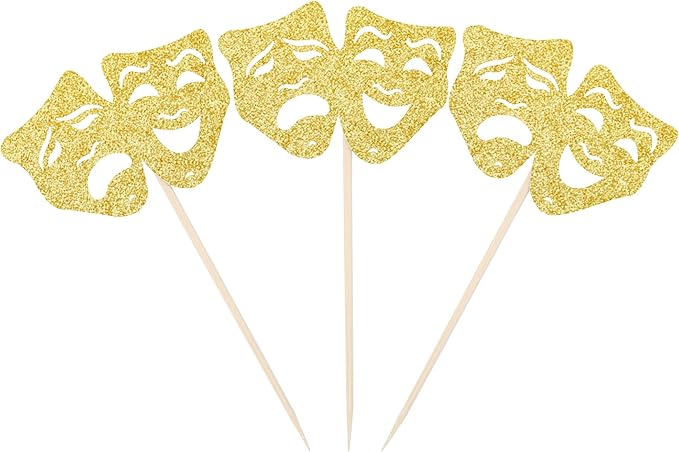 24 PCS Theatrical Mask Cupcake Toppers Gold Glitter Comedy Movie Night Cupcake Picks Film Festival Theme Birthday Party Cake Decorations Supplies
