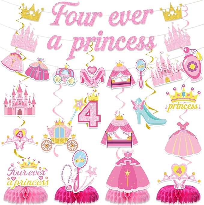 Princess 4th Birthday Party Decorations for Girls Include Four Ever a Princess Glitter Banners Hanging Swirls Honeycomb Centerpieces Pink Fourever Theme 4 Years Old Birthday Party Supplies
