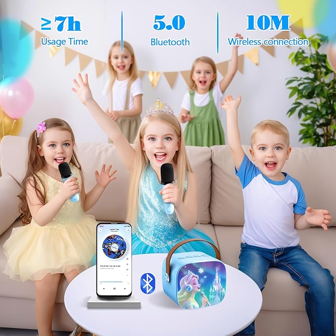 Kids Karaoke Machine for Kids Frozen Toys for Girl Gift, Mini Karaoke Machine with 2 Wireless Microphones Ages 3,4,5,6,7,8,9,10,11,12+ Year, Microphone for Kids Christmas or Birthday Toy Gift (Blue)