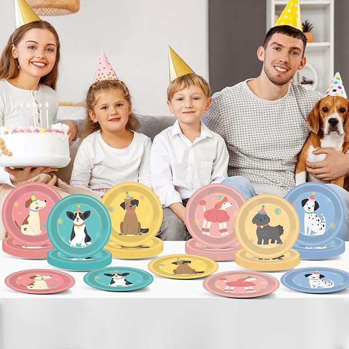 60pcs Pet Dog Birthday Party Supplies Vintage Puppy Paper Plates 7 Inch Retro Puppy Face Dessert Plates Cute Dog Themed Table Decorations Tableware for Kids Birthday Baby Shower Disposable Party Favor