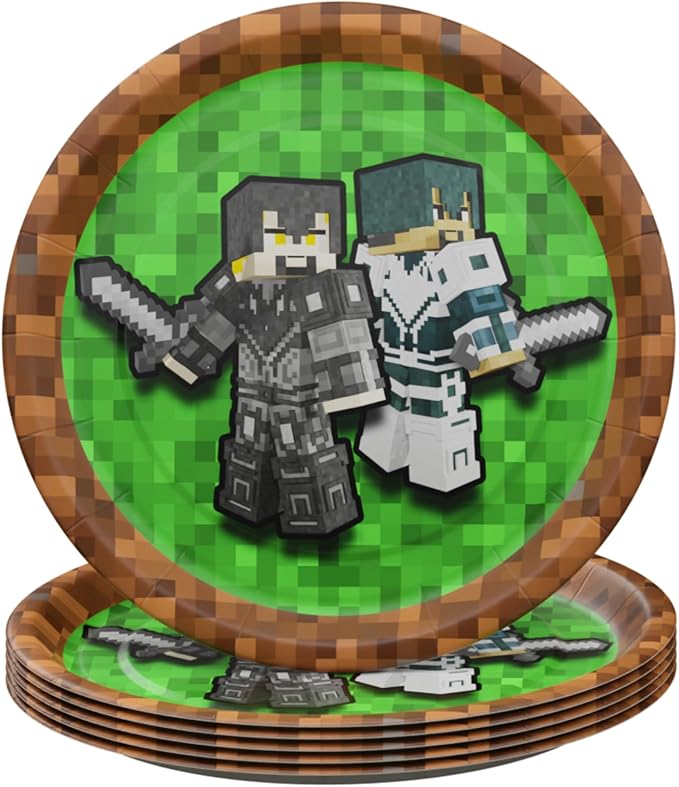 Pixel Warrior Value Party Supplies (64 pieces for 20 Guests) - Video Game Party Supplies, Video Game Birthday Decorations, Mining Craft Party, Pixel Miner Party, Video Game Birthday Party