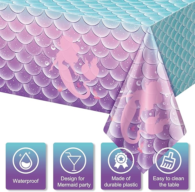 Jectivs 3Pcs Mermaid Birthday Party Tablecloth Decorations,Disposable Plastic Table Cover for Princess Under The Sea Baby Shower Themed Kids Birthday Party Supplies,108x54 Inch