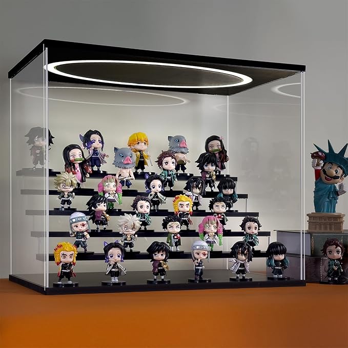 Acrylic Display Case with Adjustable LED Light, 6 L Tier Clear Display Box Dustproof Showcase for Action Figures, Collectibles and Mini Toys, Assembly Display Cabinet(Black 19.7*12.6*16.5in)