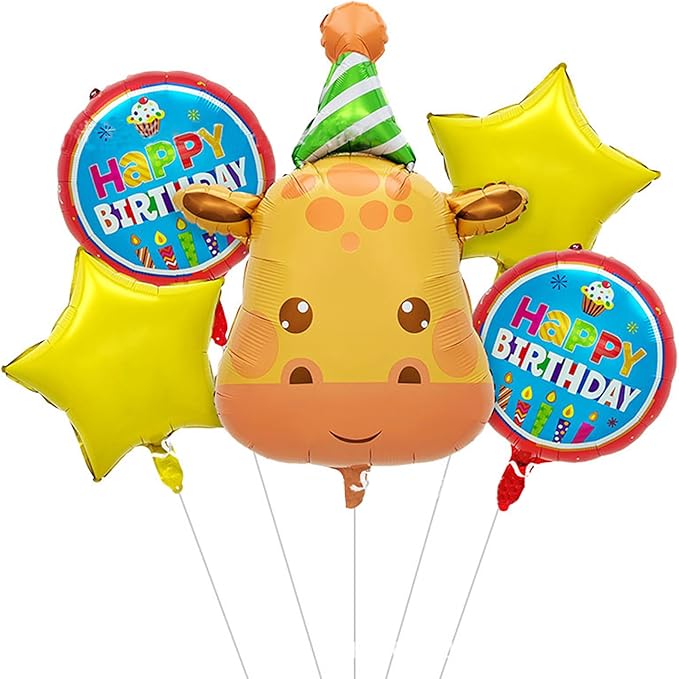 3D Giraffe Foil Animal Balloons Set,Kids Happy Birthday Party Decoration, Circle Star-Shaped Balloon,Jungle Themed Woodland Safari Animal Balloons 5Pcs