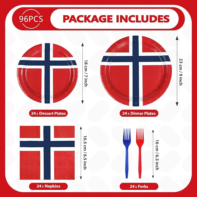 96 Pcs Norway Flag Themed Party Decorations Disposable Norwegian Flag Paper Plates and Napkins Norway National Tableware Set for Country Decoration Patriotic Festival Party Supplies, Serves 24