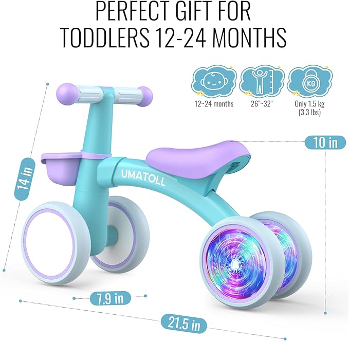Umatoll Colorful Lighting Baby Balance Bike Toys for 1 Year Old Boys Gifts, Adjustable Seat Baby Walker, One Year Old Boy Birthday Gifts, 12-24 Months Toddler First Ride on Toys with Removable Basket
