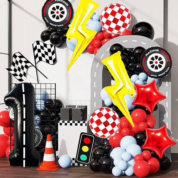 Cartoon Race Car Birthday Party Decorations Lightning Bolt Foil Balloons Race Car Balloons 40 Inch Racetrack Number 1 Balloon for 1st Cars Themed Party Decor Supplies