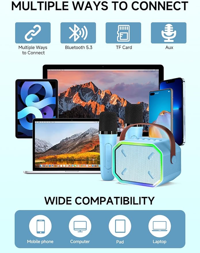 Karaoke Machine for Kids and Adults, Mini Portable Bluetooth Speaker with 2 Wireless Microphones, Led Lights for TV, Kids Gifts for Girls Boys Family Party Birthday (Blue)