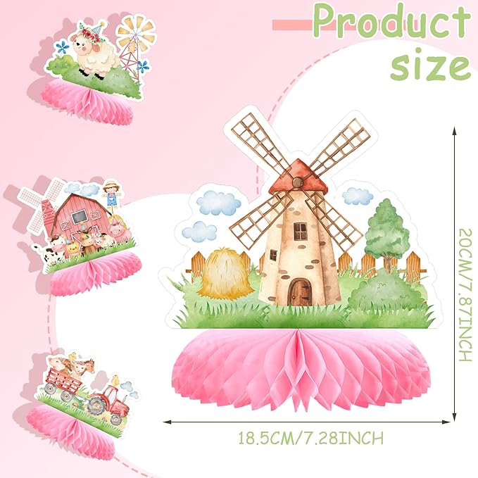 10 Pcs Pink Farm Animals birthday Party Supplies Girl Pink Barnyard Decorations Farm Animal Honeycomb Centerpiece for Table Baby Shower Party Decorations