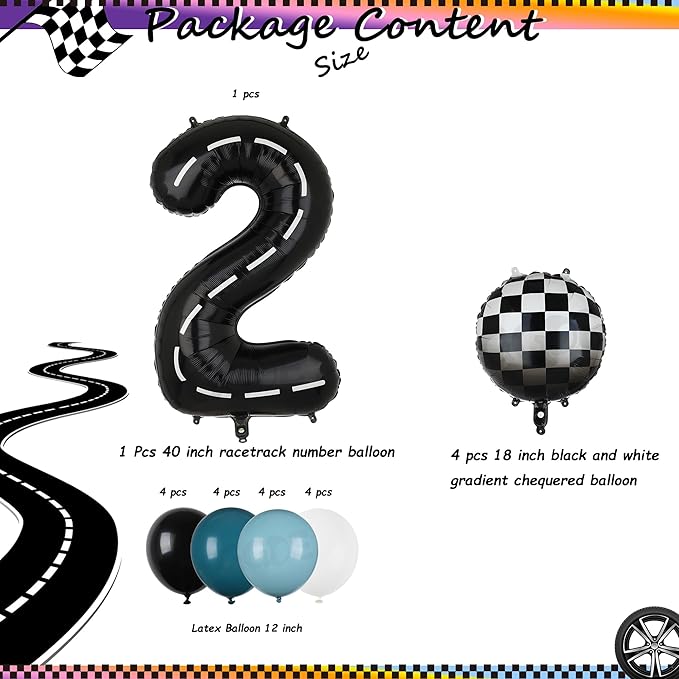 Race Car Balloon Bundle Blue Black 40 Inch Racetrack Number Balloon 2 Black and White Race Car Latex Balloon Boys Two Fast Race Car 2nd Birthday Race Car Theme Party Decor Supplies 21 Pcs Kit