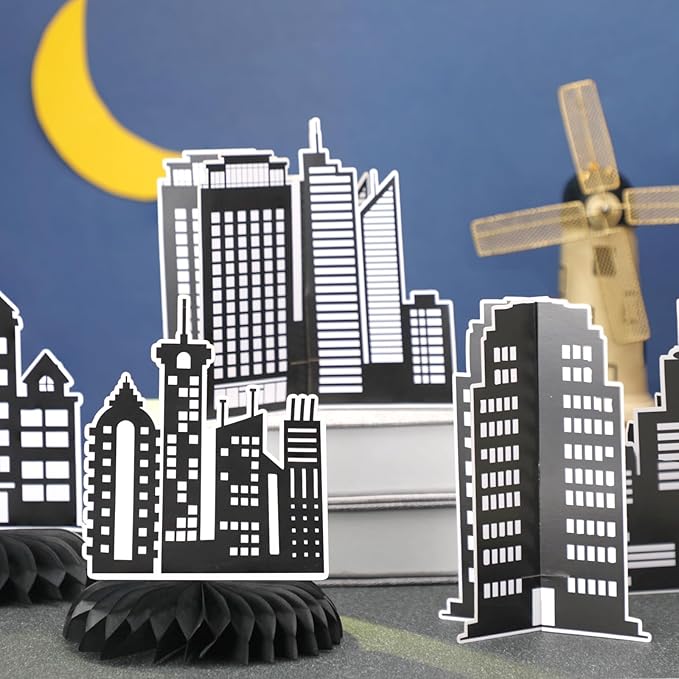 Pickmesh 12 Pieces Hero Party Decorations City Skyscraper Honeycomb Centerpieces Table Decorations Skyline Buildings Table Topper for Hero Birthday Skyscraper Party Supplies