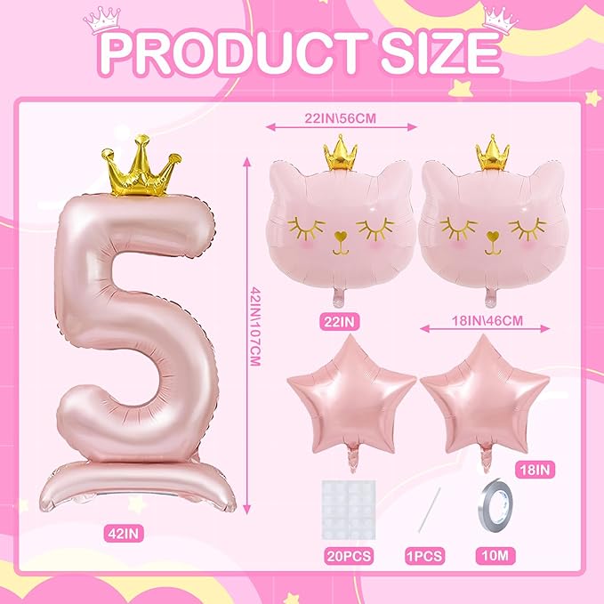 Pink Cat Balloon Set, Crown Cat Foil Balloon, 5 Year Old Girl Birthday Party Decoration, Cat Theme Party Decoration, Theme Party Supplies for Girls Kitten Pet Cat (5)