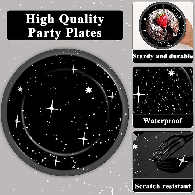 Qyeahkj 200Pcs Stars Birthday Party Decorations Galaxy Plates and Napkins Space Theme Paper Plate Supplies for Outer Spaces Disposable Tableware Dinnerware Set Baby Shower Night Sky Decor for 50 Guest
