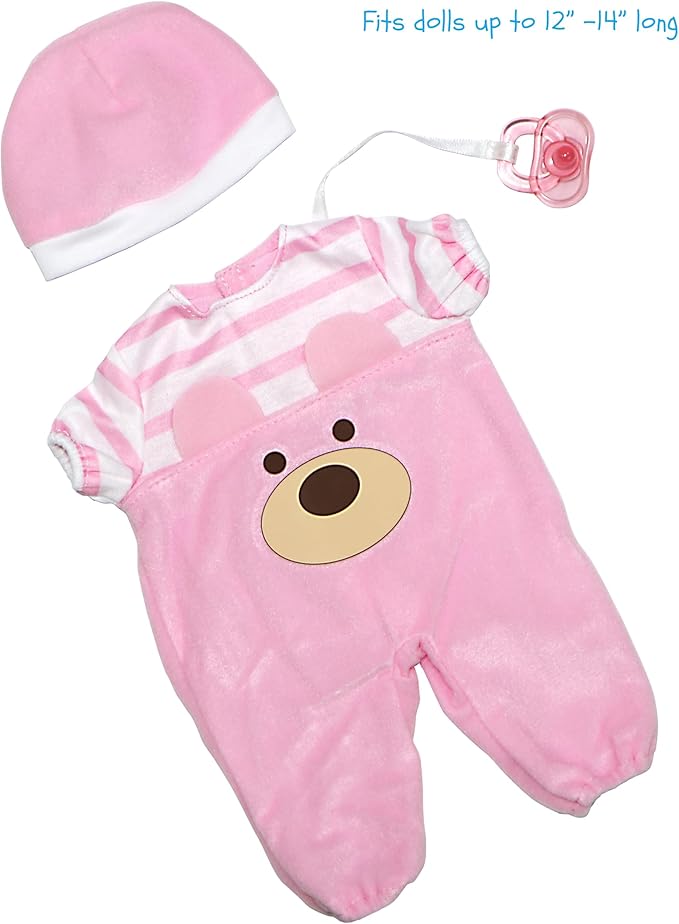 JC Toys | Pink Bear Onesie | Baby Doll Outfit + Hat + Pacifier | | Ages 2+ | Fits Dolls 12"- 14"