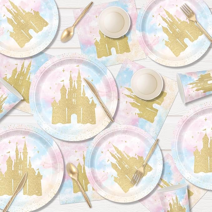 168pcs Princess Party Decorations Castle Paper Plates Napkins Disposable Tableware Set Paper Cups Watercolor Pastel Rainbow Princess Castle Birthday Party Supplies Serves 24