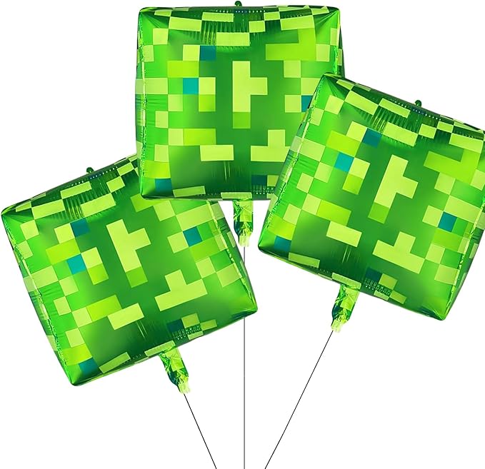 3Pcs Large Pixel Boxes Cube Foil balloons 22Inch Video Game Miner Theme Mylar Balloon Pixel Mining Game Birthday Party Decorations Supplies Green