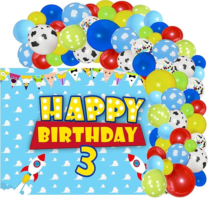 Cartoon Story 3rd Birthday Party Supplies Blue Clouds Backdrop Balloons Tablecloth Cupcake Toppers Banner Cartoon Story Birthday Decorations for Boys 3rd Bday