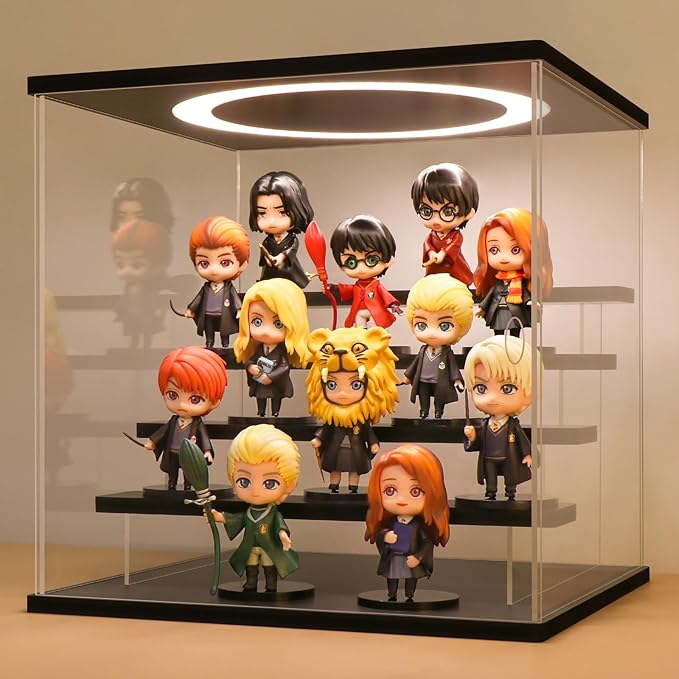 LASOA Acrylic Display Case with Adjustable LED Lights, 5 Tier Clear Display Box for Action Figures and Collectibles, Self-Assembly Showcase with Black Base for Miniatures, 11.8x11x11.8inch
