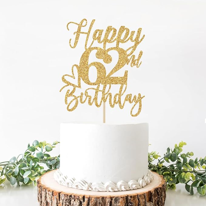 Happy 62nd Birthday Cake Topper, Cheers to 62 Years, Hello 62, Gold Glitter Party Supplies