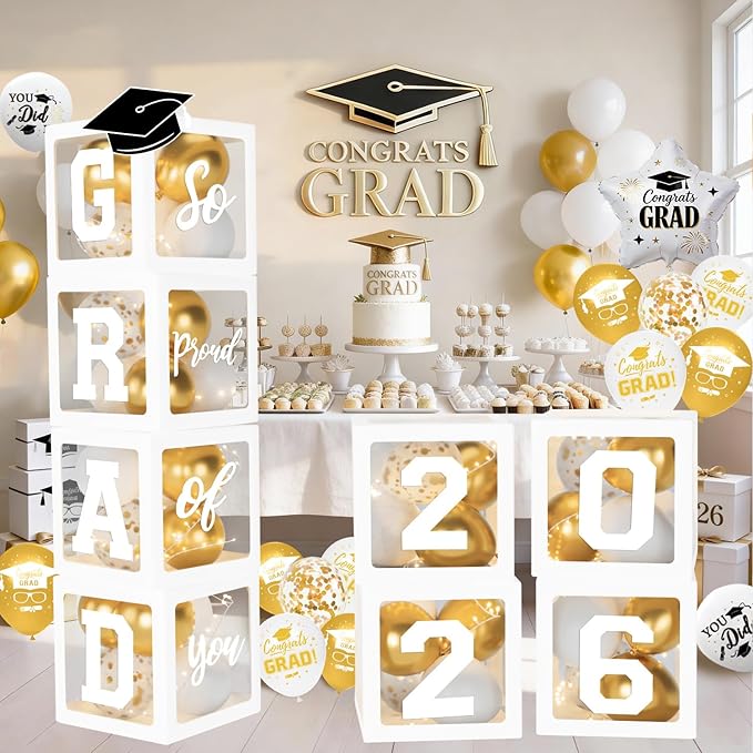2026 Graduation Decorations, White Graduation Decorations, Balloons Boxes (4PCS) with Letters 2026 GRAD So Proud of You, Congrats Grad Decorations for High School & College