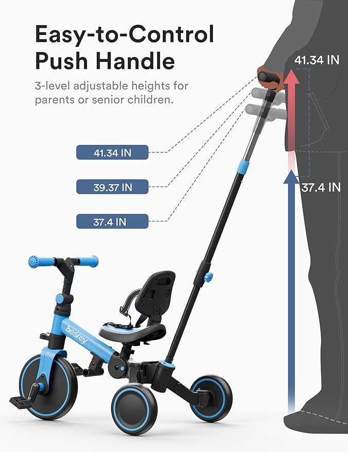 besrey 4 in 1 Toddler Bike, Toddler Tricycle for 1-3 Year Old, Trike with Push Handle, Backrest and Safety Belt, Birthday Gifts and Toys for Boys and Girls, Balance Bike (Blue)