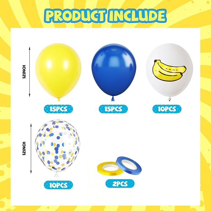 Blue and Yellow Balloons, 50PC 12 Inch Blue Yellow Gold Confetti White Banana Print Balloons for Birthday Baby Shower Graduation Party Decorations