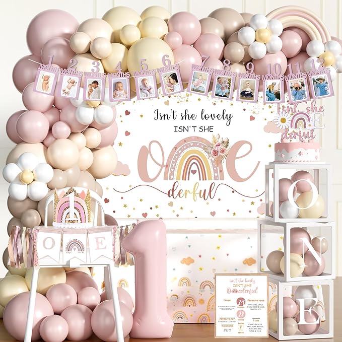 Isn't She Lovely Isn't She Onederful First Birthday Decorations, 147 PCs – Onederful 1st Party Supplies with Boho Rainbow Backdrop, Balloon Garland, Cake Topper, Daisy Foil Balloons