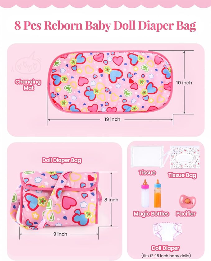 BABESIDE 8 Pcs Baby Diaper Bag Set with Magic Bottles, Baby Doll Accessories Includes Changing Mat, Diaper,Pacifier,Tissue Bag and Bottle with Disappearing Milk for 12-16 inches Dolls