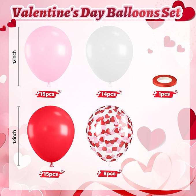 Red Pink White Balloons, Valentine's Day Balloon with Pink Heart Confetti Latex Balloons For Valentine Party Birthday Baby Shower Party Wedding Bridal Anniversary Engagement Decorations