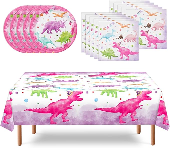 WERNNSAI Girl Dinosaur Party Decorations - 33 PCS Dino Plates Napkins Tablecloth Pink Dinosaur Birthday Decorations Three Rex Table Decorations for Kids Girls Birthday Baby Shower Serves 16 Guests
