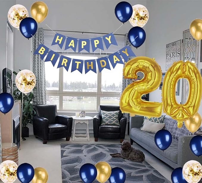 20th Birthday Party Decorations for Men, Navy Blue Gold Happy 20th Birthday Banner Number 20 Foil Balloons Metallic Latex Confetti Balloons for Men Him 20 Years Old Birthday Decoration (20th)