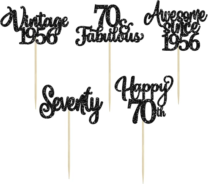 30Pcs Happy 70th Birthday Cupcake Toppers Glitter Seventy Vintage 1956 Cupcake Picks Cheers to 70 Fabulous Cake Decorations for 70th Birthday Wedding Anniversary Party Supplies Black