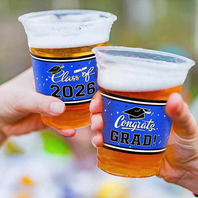 Gatherfun Graduation Decorations 2026-100 Pcs 16oz Blue Graduation Plastic Cups for Grad Party | Sturdy & Durable Drinkware for Grad Festivities | Essential Grad Party Supplies & Decorations