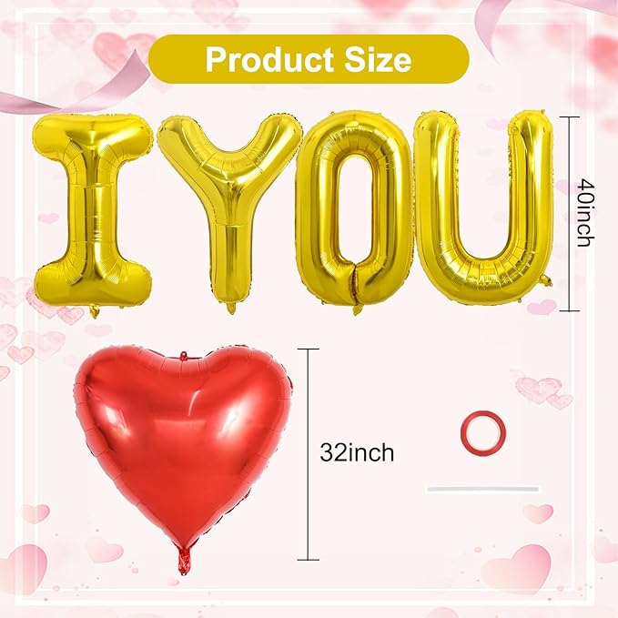TONIFUL 40 Inch I Love You Balloons Big I Heart YOU Foil Letter Heart Shaped Balloons Decoration for Valentine's Day Wedding Bridal Shower Anniversary Engagement Party Supplies（Gold 5Pcs）