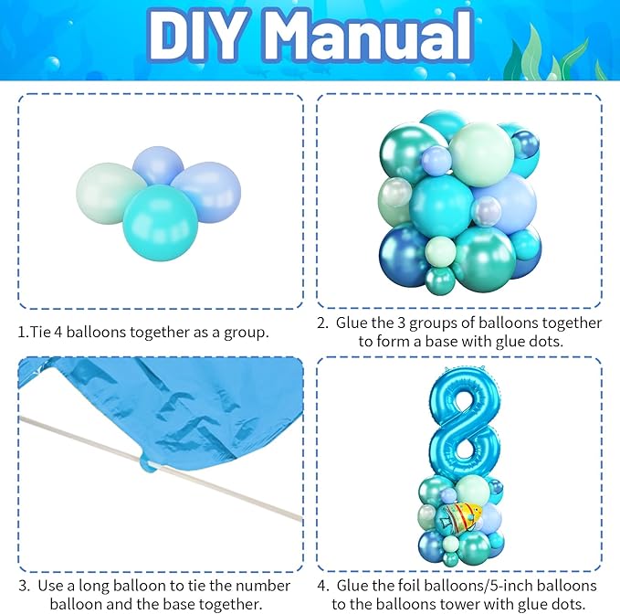 40 Inch Blue Number 8 Balloon Ocean Under the Sea Number Eight Foil Balloons Tower with Shark Bubble Fish for Boys 8th Birthday Party Decor Blue Green Underwater Digital Aluminum Balloons Stack