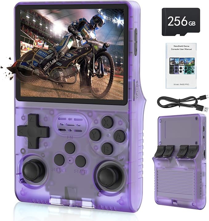 FHYRGF[30000 in 1 R40S PRO Handheld Game Console 3.5 inch IPS Screen Mini Retro Console 3800mAh Portable Pocket Arcade 12+ Mainstream Emulator 256G TF Card Transparent.(Purple)