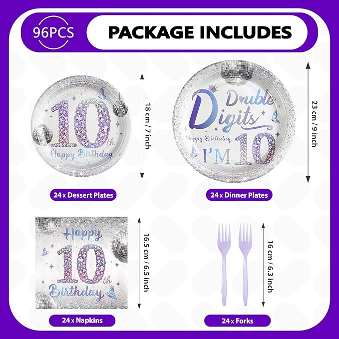 Grencian 96 Pcs Disco 10th Birthday Decorations for Girls Boys Silver Dazzle Double Digits Plates Supplies Disposable Iridescence Happy 10th Birthday Tableware Set for Kids I'm 10 Themed Party Favors