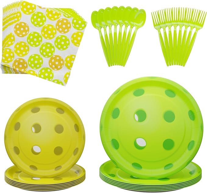 Blue Orchards Pickleball Party Supplies (100 Pieces for 16 Guests) - Pickleball Party Decorations Sports Themed Birthday Baby Shower Party Supplies Disposable paper Plates and Napkins