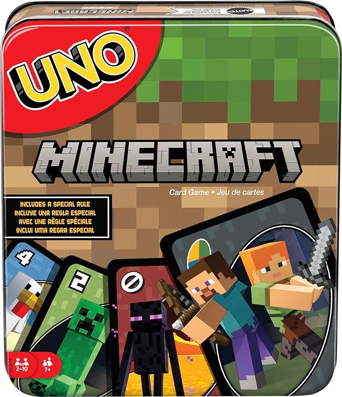 Mattel Games UNO Card Game, Gifts for Kids and Family Night, Themed to Minecraft Video Game, Travel Games, Storage Tin Box (Amazon Exclusive)