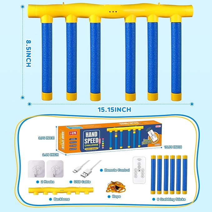 Hand Speed Challenge Game - Reflex Drop Sticks with Voice Prompts, 3 Speed Modes, USB Rechargeable, Family Party Toys for Kids & Adults-Blue